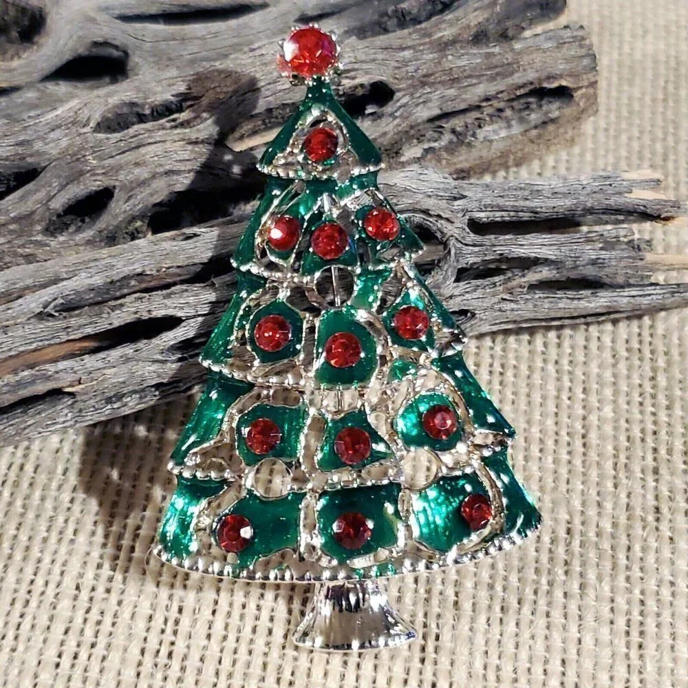 Y2K 90s VintageRed Rhinestone Christmas Tree Enamel Christmas Sweater Pin Brooch